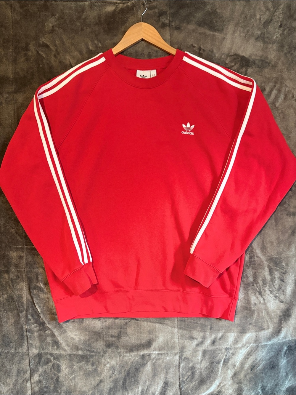 adidas Red Crewneck Sweatshirt with White Stripes